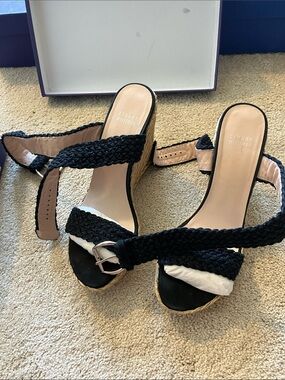 Stuart Weitzman Black Braided Espadrille Wedge Sandals with Buckle